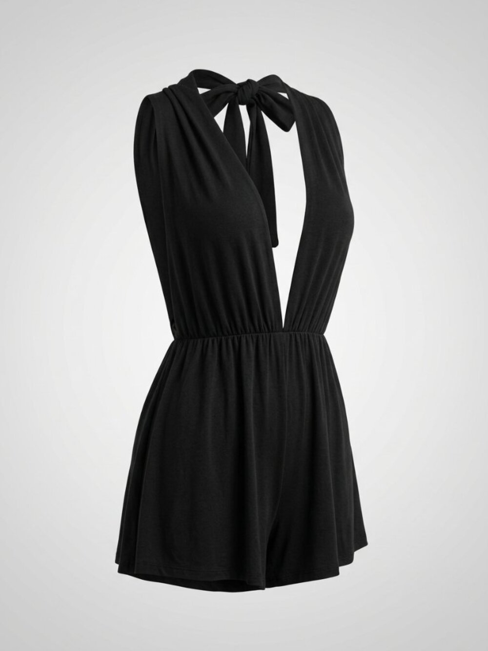 Black Plunging V-neck Halter with Long Straps Romper, Boutique Size L